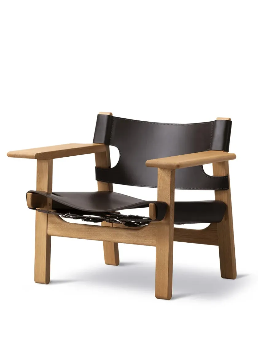 Fredericia Furniture Lænestole<Den Spanske Stol i sort læder, valnød olie af Børge Mogensen
