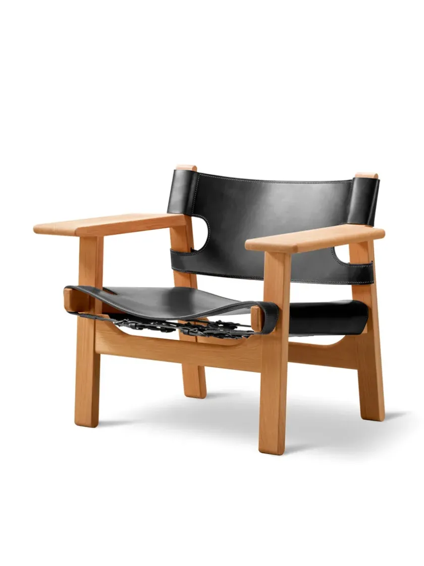 Fredericia Furniture Lænestole<Den Spanske Stol i sort læder, valnød olie af Børge Mogensen