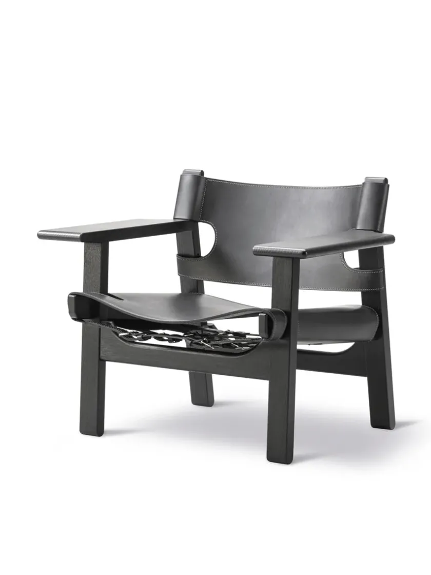Fredericia Furniture Lænestole<Den Spanske Stol i sort læder, valnød olie af Børge Mogensen