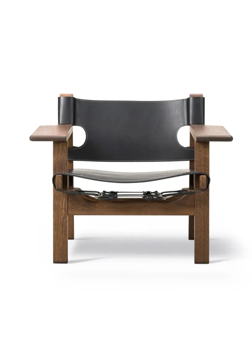 Fredericia Furniture Lænestole<Den Spanske Stol i sort læder, valnød olie af Børge Mogensen