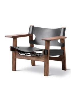 Fredericia Furniture Lænestole<Den Spanske Stol i sort læder, valnød olie af Børge Mogensen