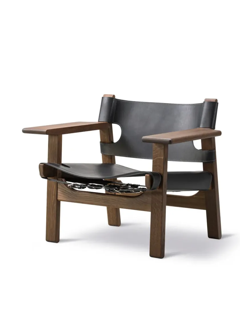 Fredericia Furniture Lænestole<Den Spanske Stol i sort læder, røget eg olie af Børge Mogensen