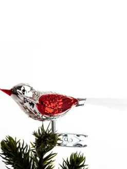 Brink Nordic Juletræspynt<Fugl m. Klemme 10 cm, sølvfarvet/rød fra