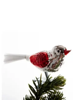 Brink Nordic Juletræspynt<Fugl m. Klemme 10 cm, sølvfarvet/rød fra