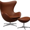 Fritz Hansen Lænestole<Ægget, Cognac Aura læder, uden returdrej inkl. skammel af Arne Jacobsen