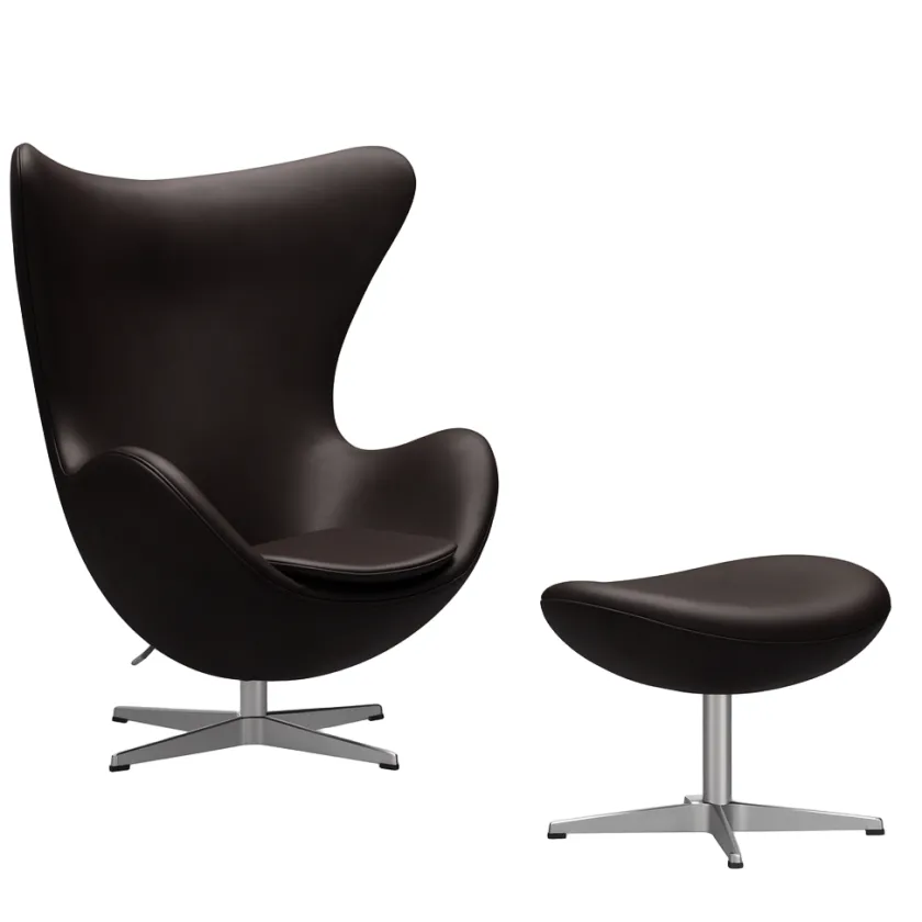 Fritz Hansen Lænestole<Ægget, Valnød Essential læder, med returdrej inkl. skammel af Arne Jacobsen