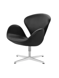Fritz Hansen Loungestole|Lænestole<Svanen, sort læder/aluminium af Arne Jacobsen